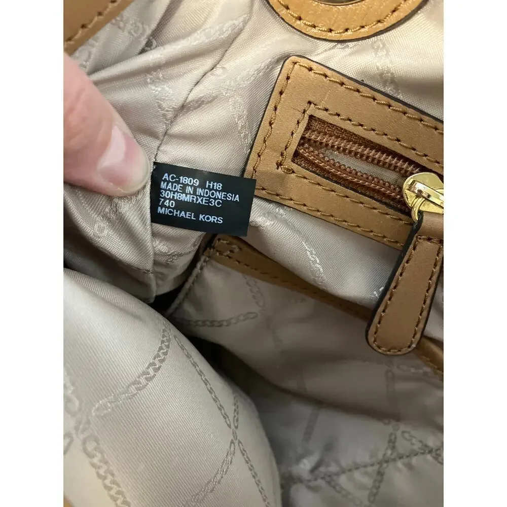 MICHAEL KORS, GOLD CANVAS, BROWN LEATHER TIM SHOULDER BAG